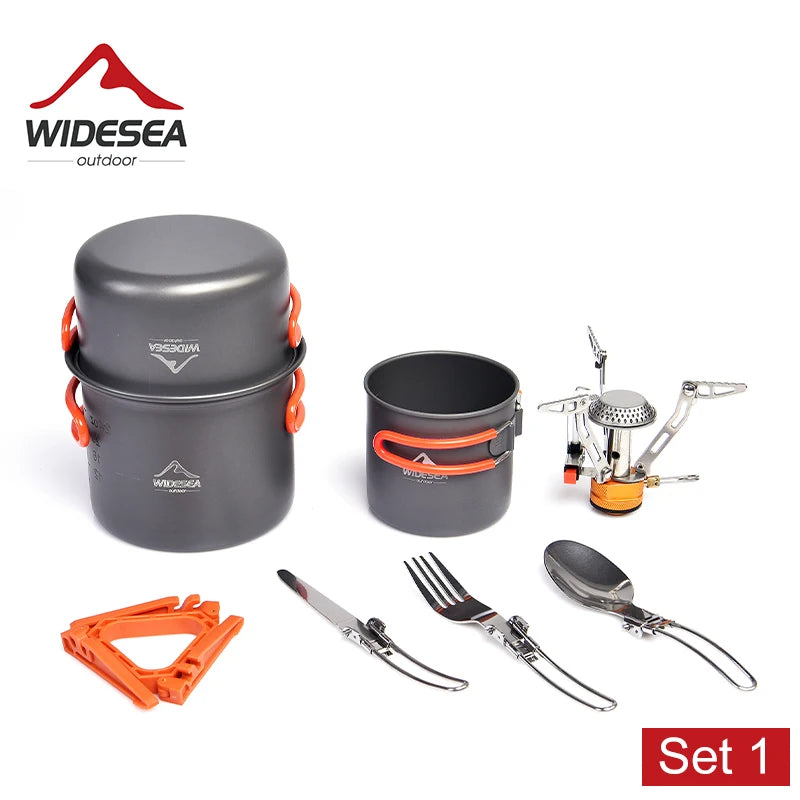 Widesea Camping Cookware Set Outdoor Tableware Equipment Supplies Burner Stove Folding Knife Fork Portable Pot Suit Tourism Cup