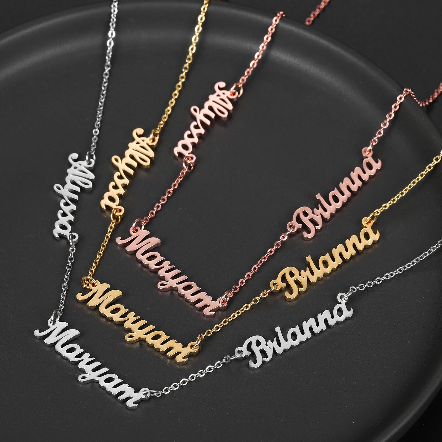 Customized Three Names Necklace Personalized Gold Stainless Steel  Name Nameplate Charm Necklace Gift For Women Birthday Jewelry