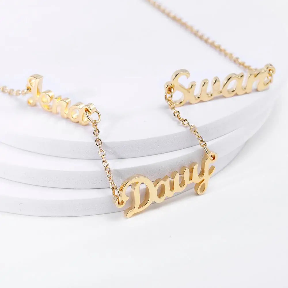 Customized Three Names Necklace Personalized Gold Stainless Steel  Name Nameplate Charm Necklace Gift For Women Birthday Jewelry