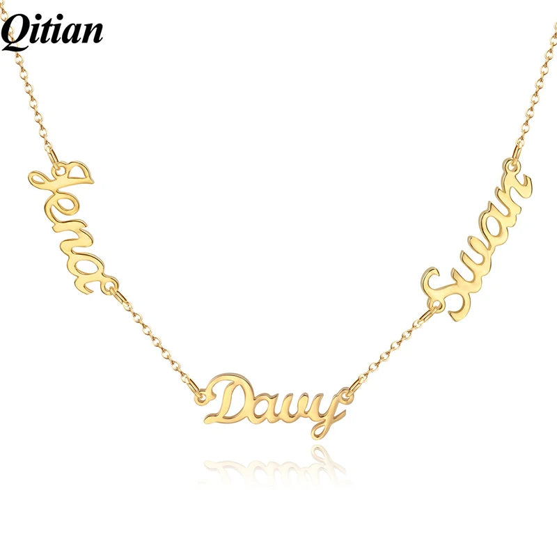 Customized Three Names Necklace Personalized Gold Stainless Steel  Name Nameplate Charm Necklace Gift For Women Birthday Jewelry