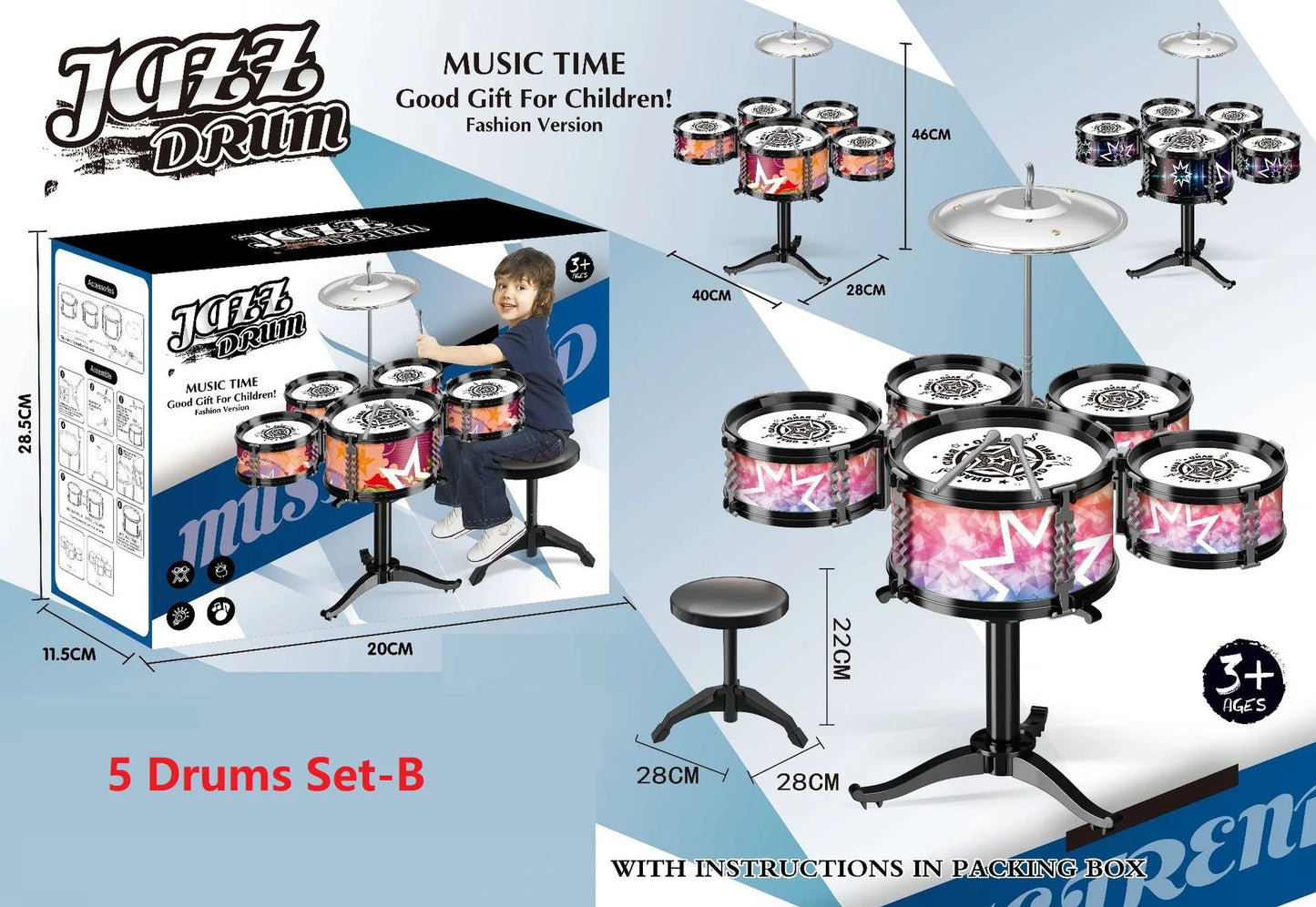 Children's Jazz Drum Set 3 drums/5 small stools Drum Stick Set Children's Music Development Intelligence Education Toy Gifts