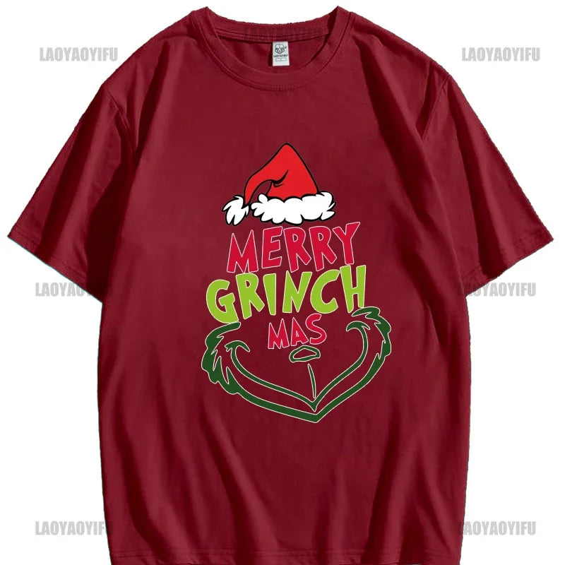 Christmas New Year Men's Shirt Casual O-neck Short Sleeve Tops Hip Hop Trend Harajuku Streetwear Fashion Cotton Grinch