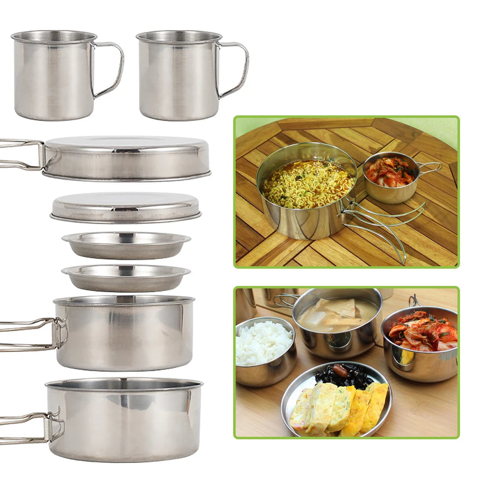 Camping Cookware Mess Kit 8PCS Stainless Steel Cooking Pot and Pan Set with Plates Cups for Outdoor Camping Hiking Backpacking