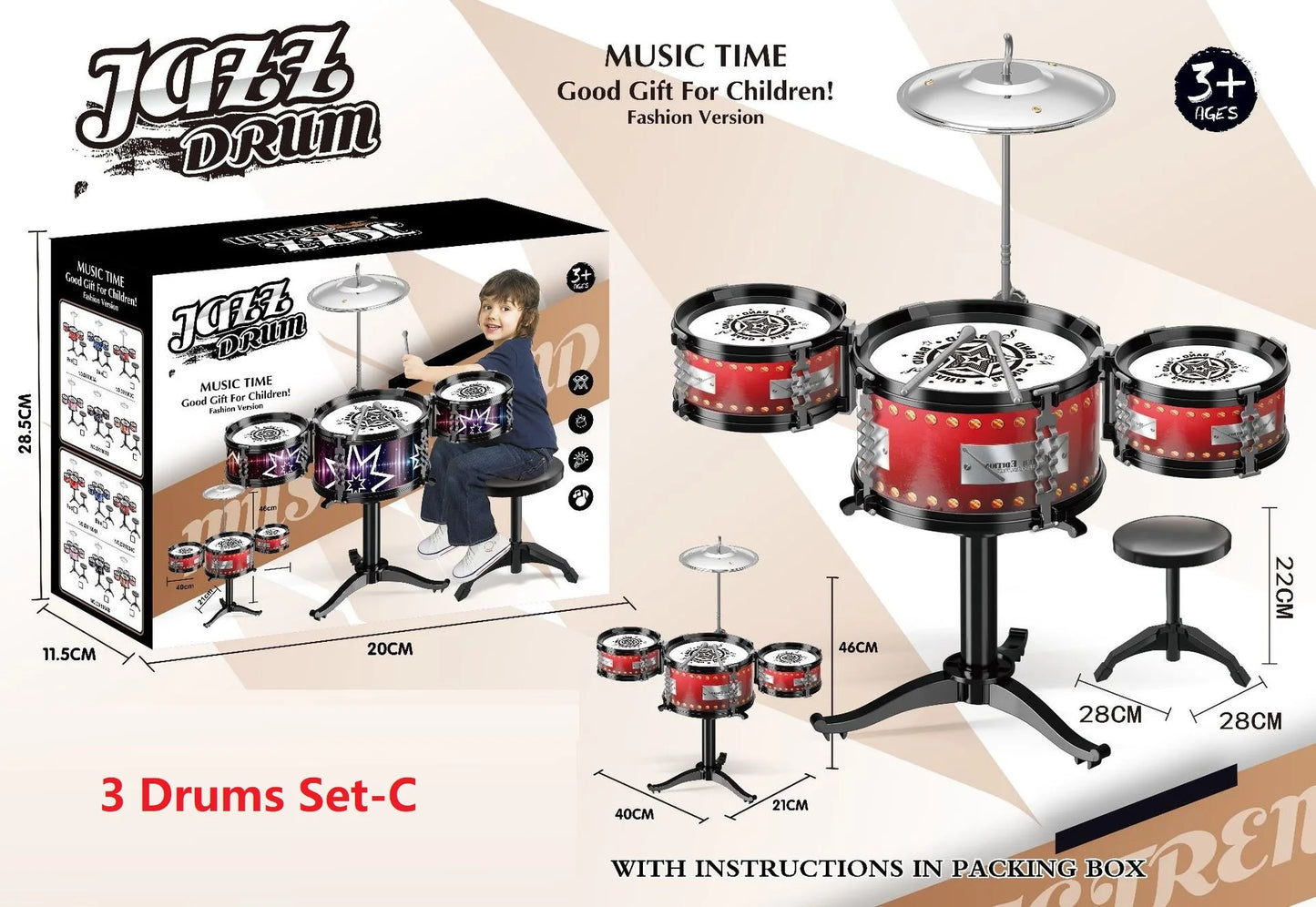 Children's Jazz Drum Set 3 drums/5 small stools Drum Stick Set Children's Music Development Intelligence Education Toy Gifts