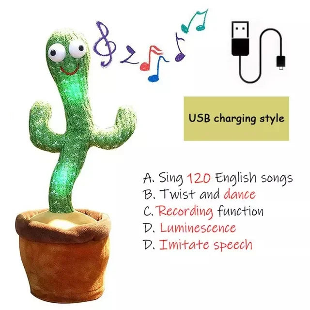 Rechargeable Dancer Cactus Glowing Dancing Electronic Plush Toys Can Sing Record Lighten for Baby Toy Education Funny Gift