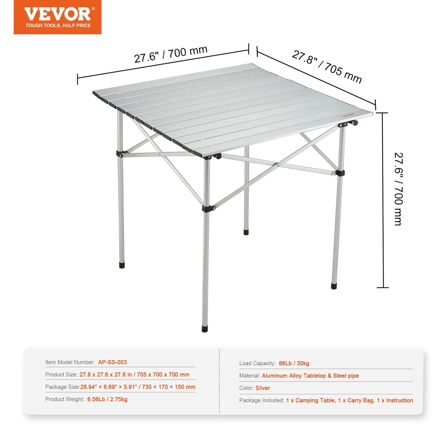 VEVOR 220/66lbs Outdoor Camping Folding Table Picnic Equipment W/Black Storage Bag Aluminum Alloy Chicken Roll Table BBQ Desk