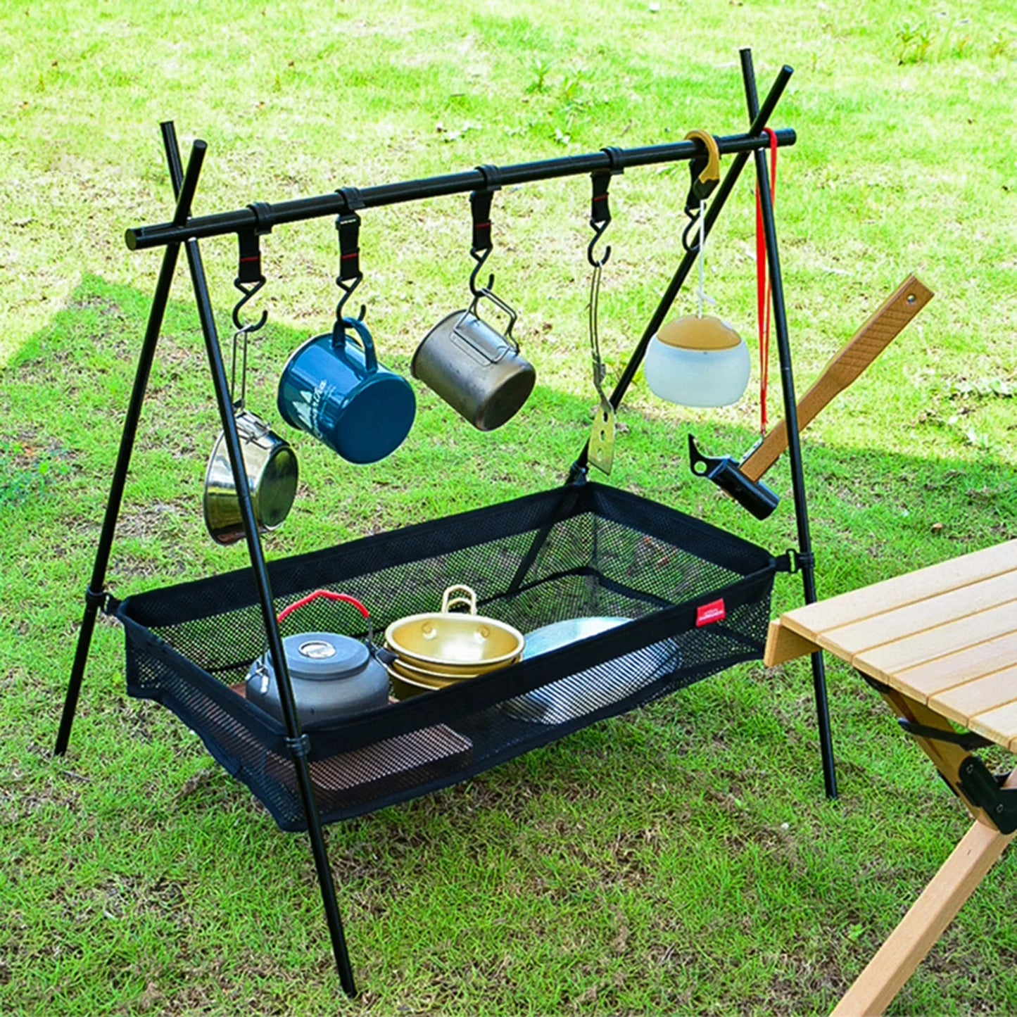 Outdoor Folding Net Bag Picnic Under Table Storage Bag Desk Storage Box Tripod Mesh Basket Organizer for Camping Accessories