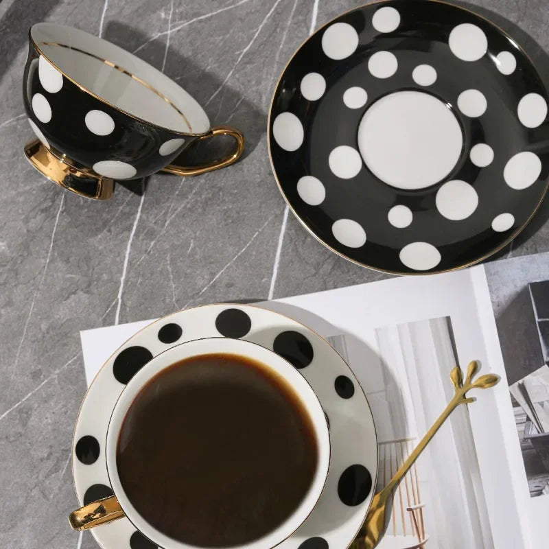 European-style Black and White Polka Dot Gold-Plated Bone China Coffee Cup - 200ml Light Luxury Afternoon Tea Mug, for Coffee