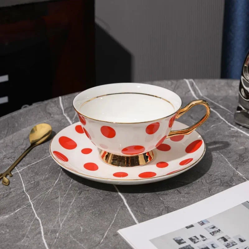 European-style Black and White Polka Dot Gold-Plated Bone China Coffee Cup - 200ml Light Luxury Afternoon Tea Mug, for Coffee