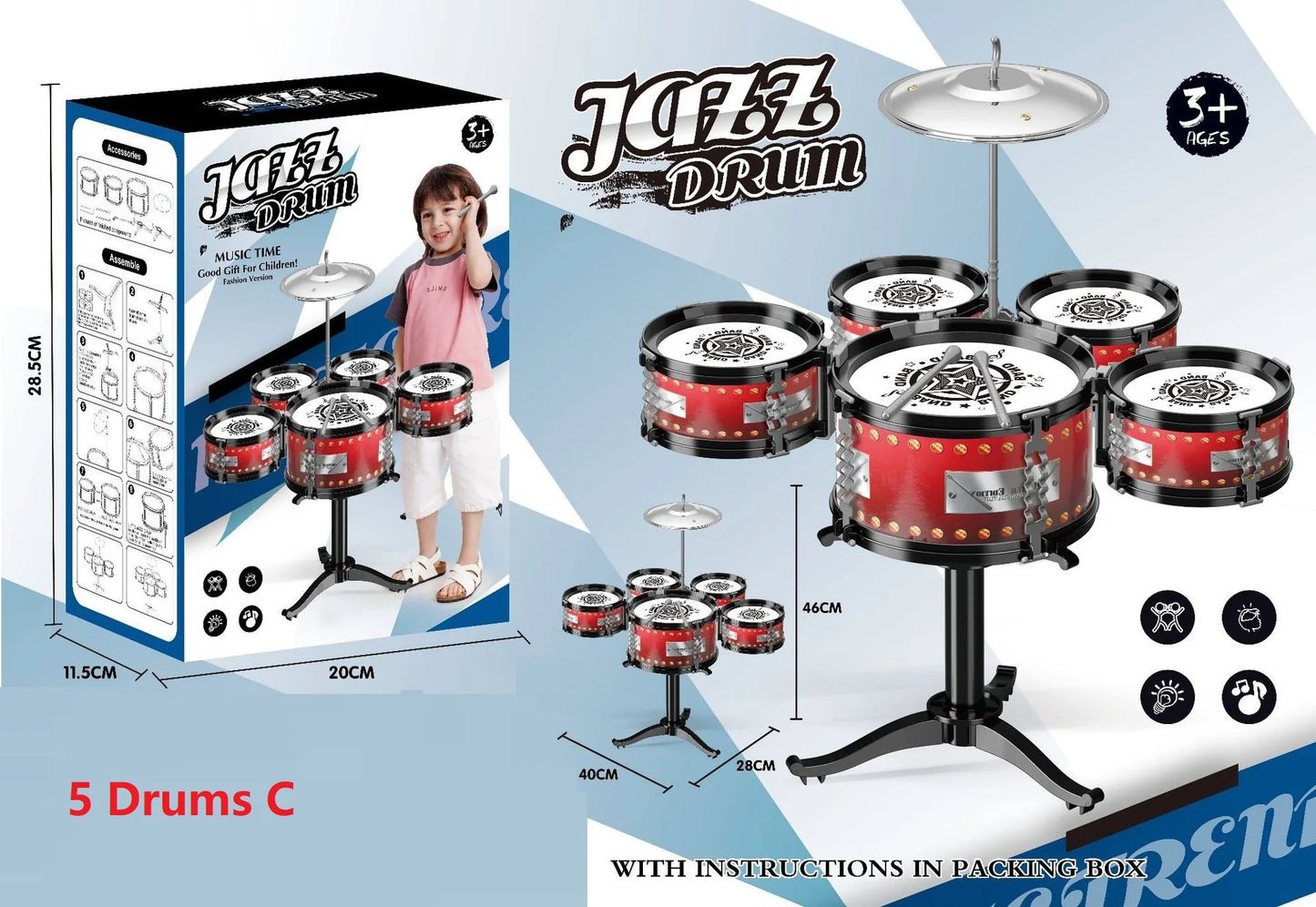 Children's Jazz Drum Set 3 drums/5 small stools Drum Stick Set Children's Music Development Intelligence Education Toy Gifts