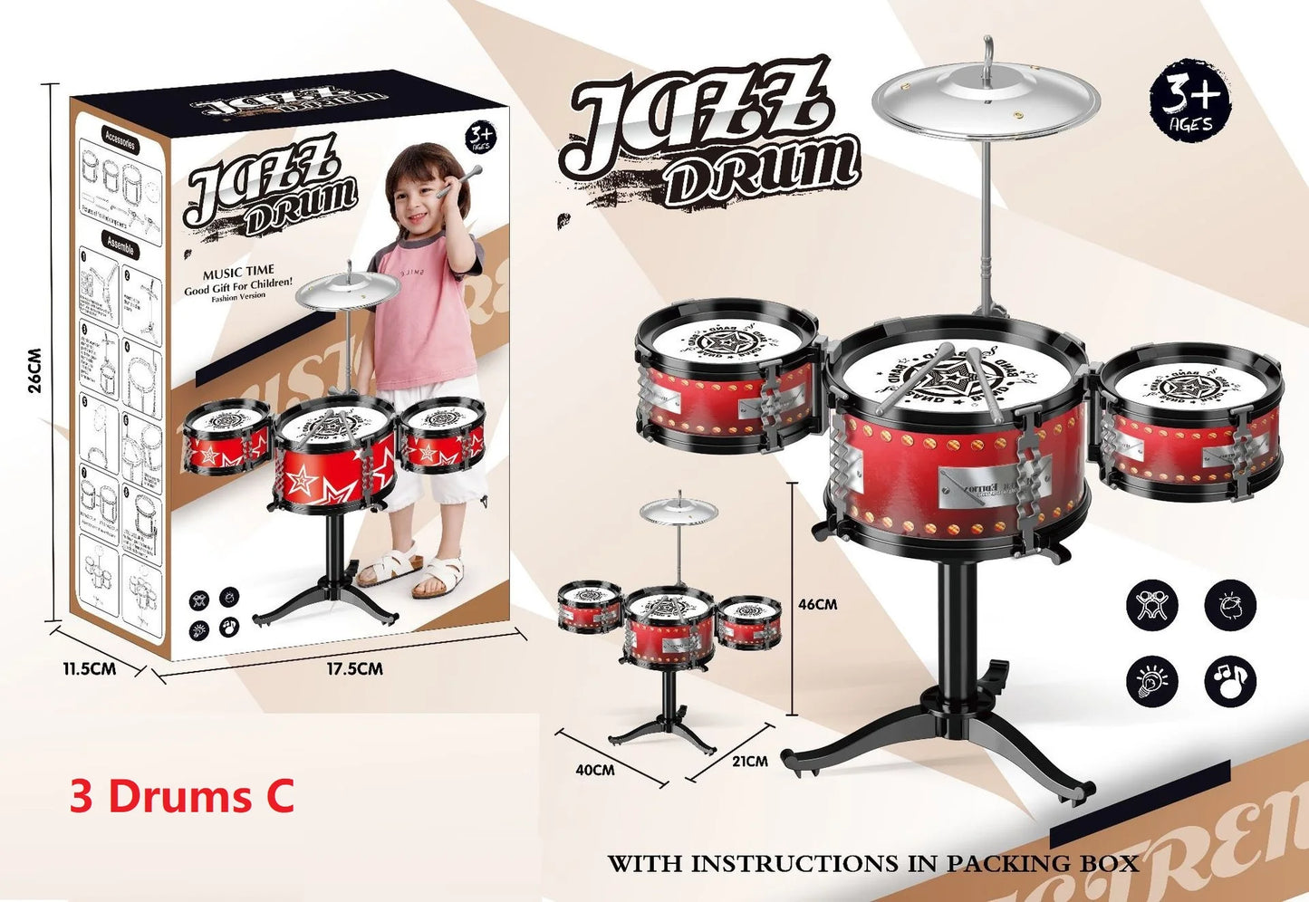 Children's Jazz Drum Set 3 drums/5 small stools Drum Stick Set Children's Music Development Intelligence Education Toy Gifts