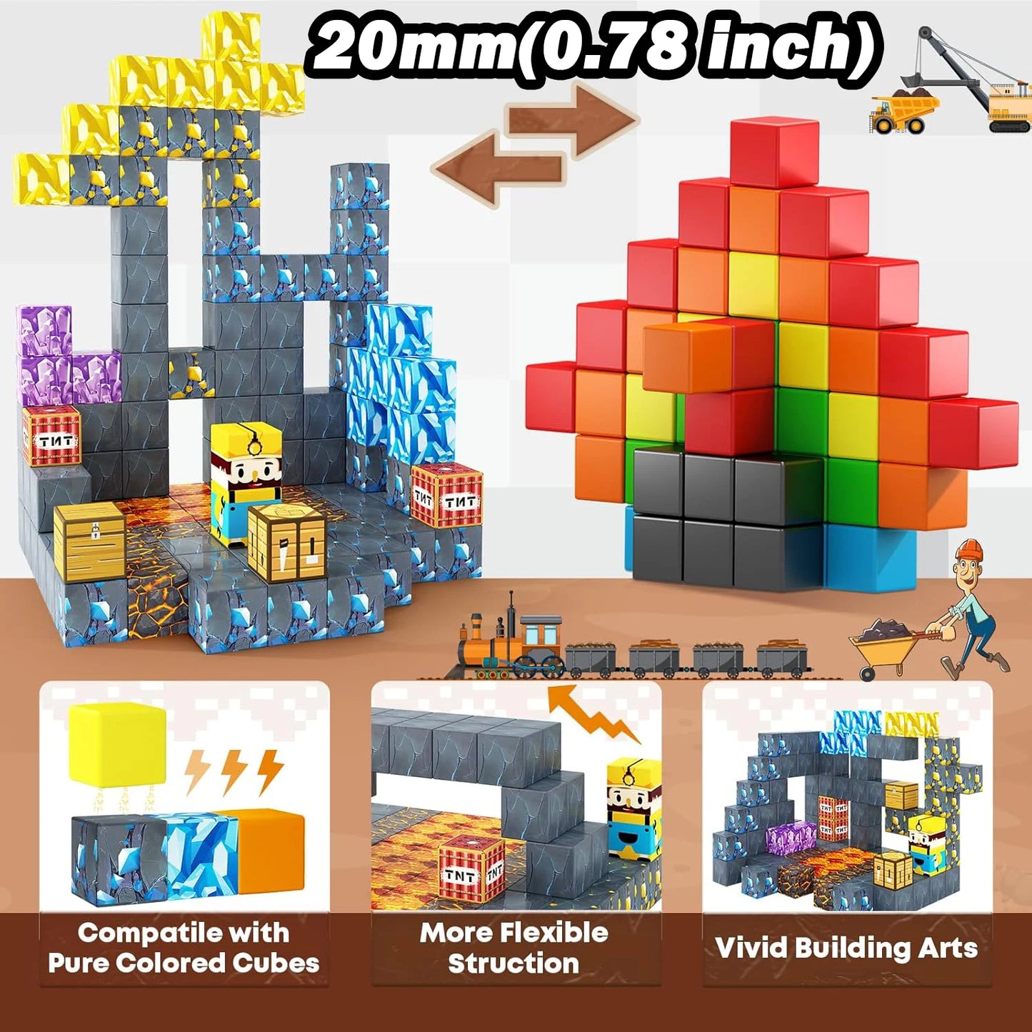 Magnetic Building Blocks Mine World Magnet Cube Set for Boy Girl Kid Age 3+ DIY Model Children Stem Minecraft STEM Sensory Toy