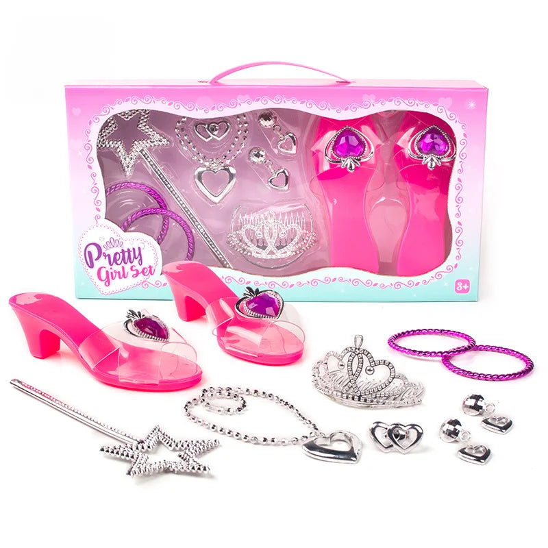 Girls Jewelry Toys Set Crystal Shoes Necklace Crown Earrings Bracelet Play Makeup Dress Up Princess Toys for Kids Role Play