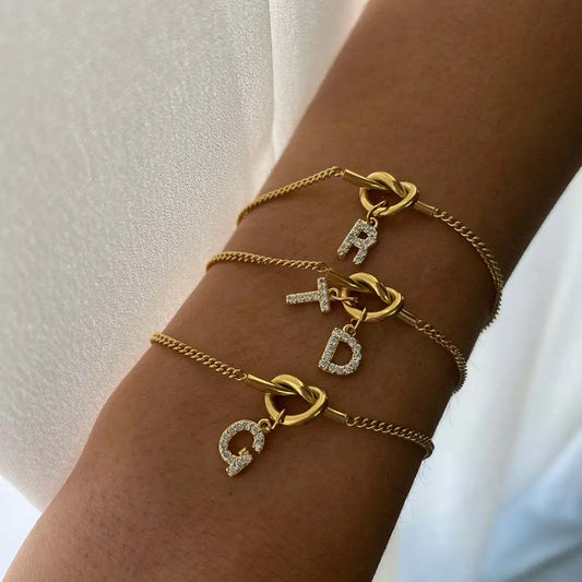 Stainless Steel 26 Letters Love Knot Bracelet Gold Plated Zircon A-Z Initial Charm Necklace Diy Cuban Chain Dainty Jewelry