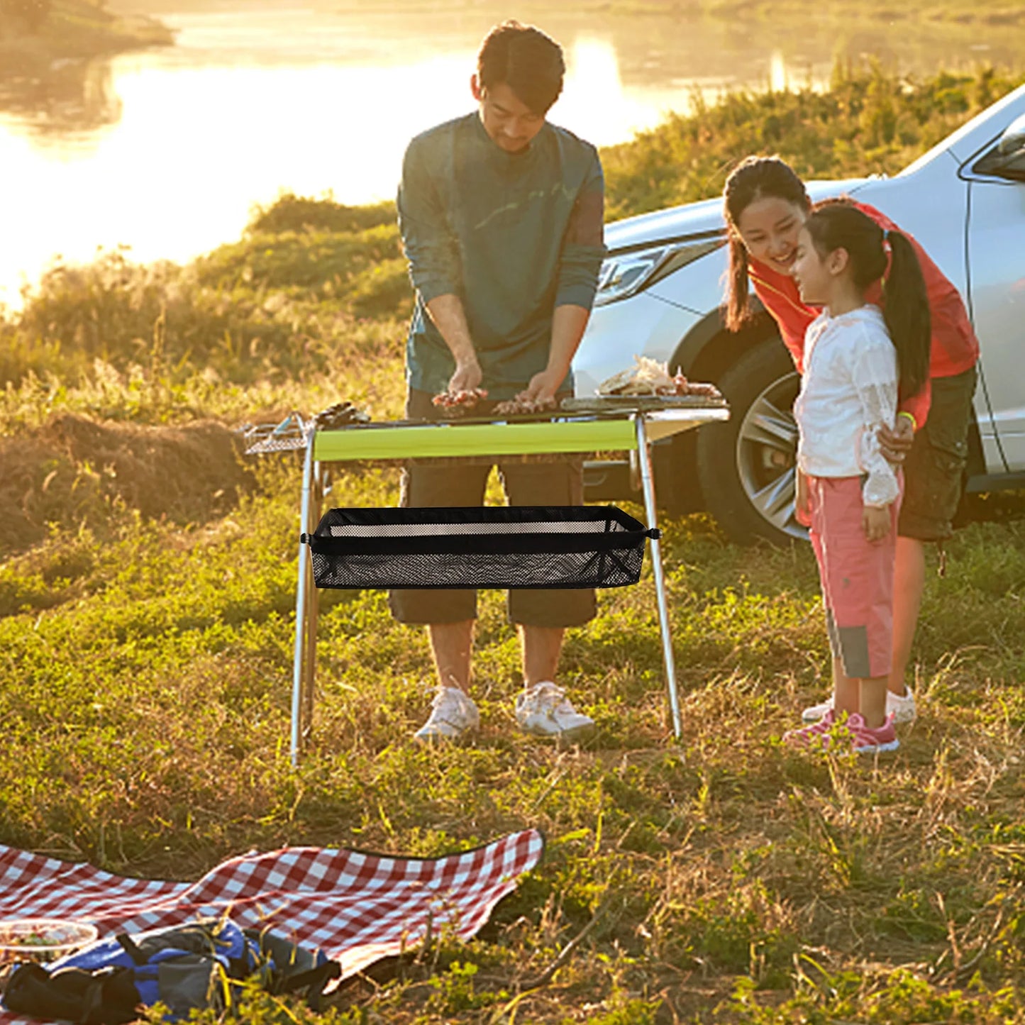 Outdoor Folding Net Bag Picnic Under Table Storage Bag Desk Storage Box Tripod Mesh Basket Organizer for Camping Accessories