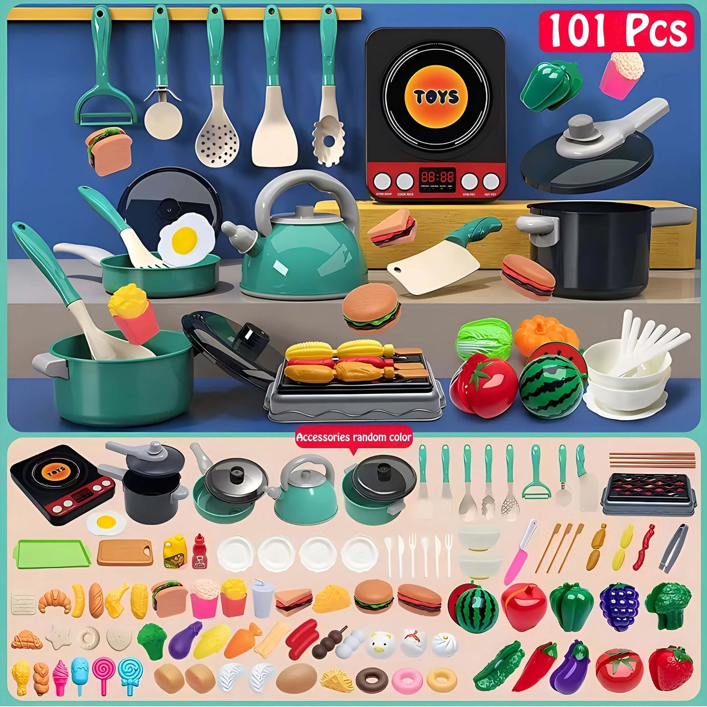 Colorful Kitchen Playset with Cutting Fruit and Vegetable Toys, Cooking Utensils, Pretend Play, Educational Toy for Toddlers