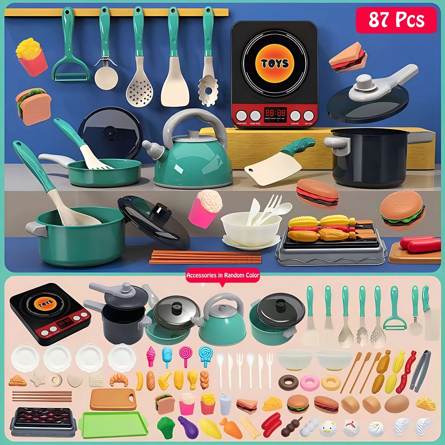 Colorful Kitchen Playset with Cutting Fruit and Vegetable Toys, Cooking Utensils, Pretend Play, Educational Toy for Toddlers