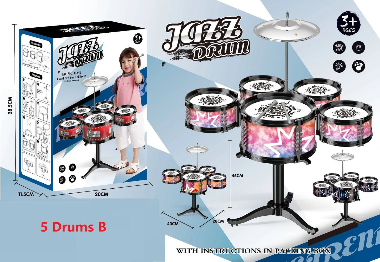 Children's Jazz Drum Set 3 drums/5 small stools Drum Stick Set Children's Music Development Intelligence Education Toy Gifts