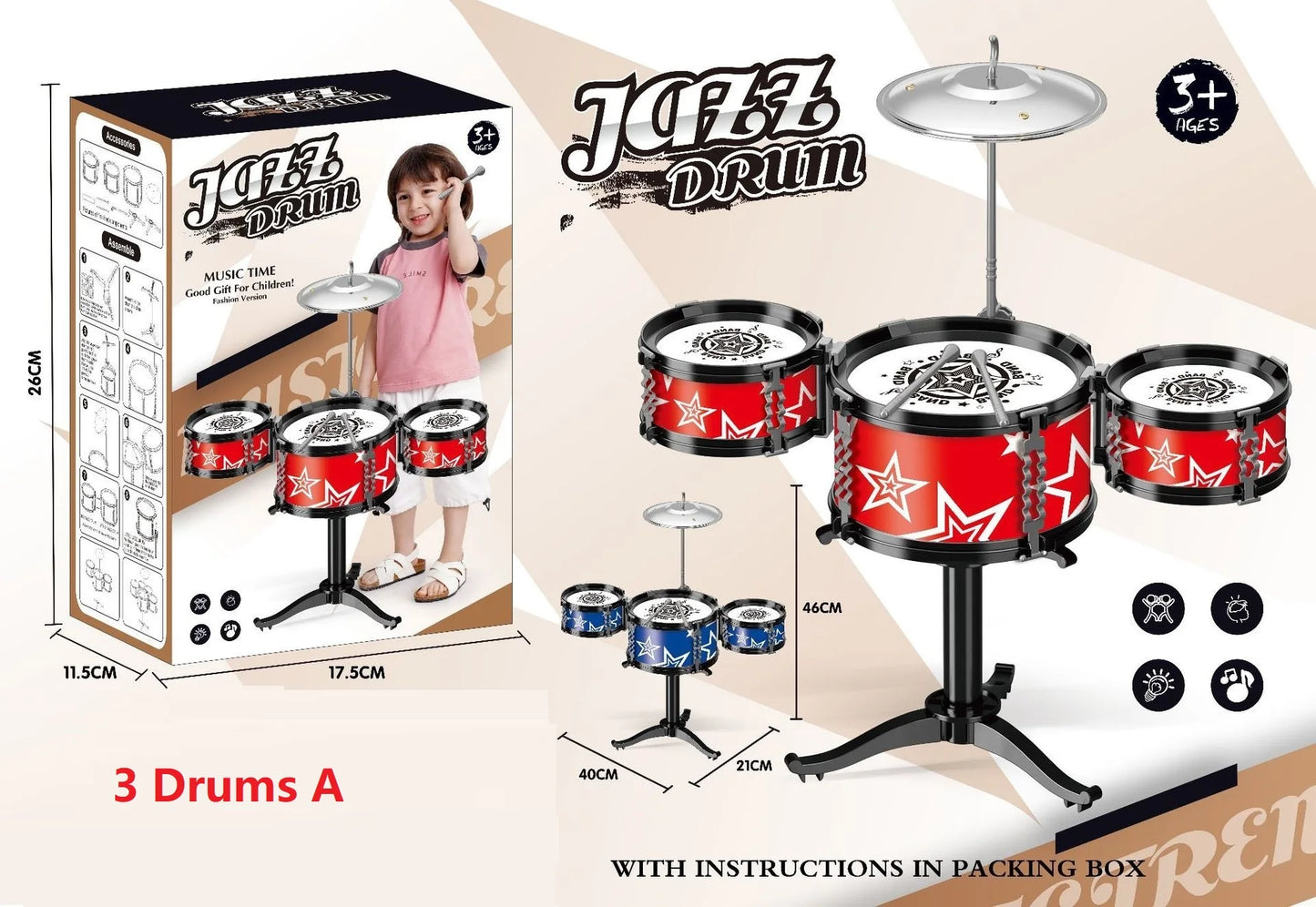 Children's Jazz Drum Set 3 drums/5 small stools Drum Stick Set Children's Music Development Intelligence Education Toy Gifts