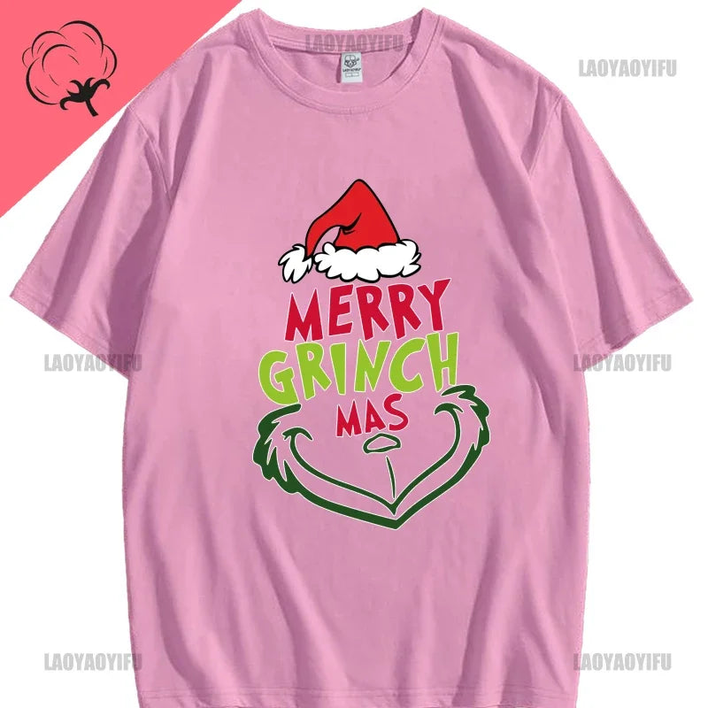 Christmas New Year Men's Shirt Casual O-neck Short Sleeve Tops Hip Hop Trend Harajuku Streetwear Fashion Cotton Grinch