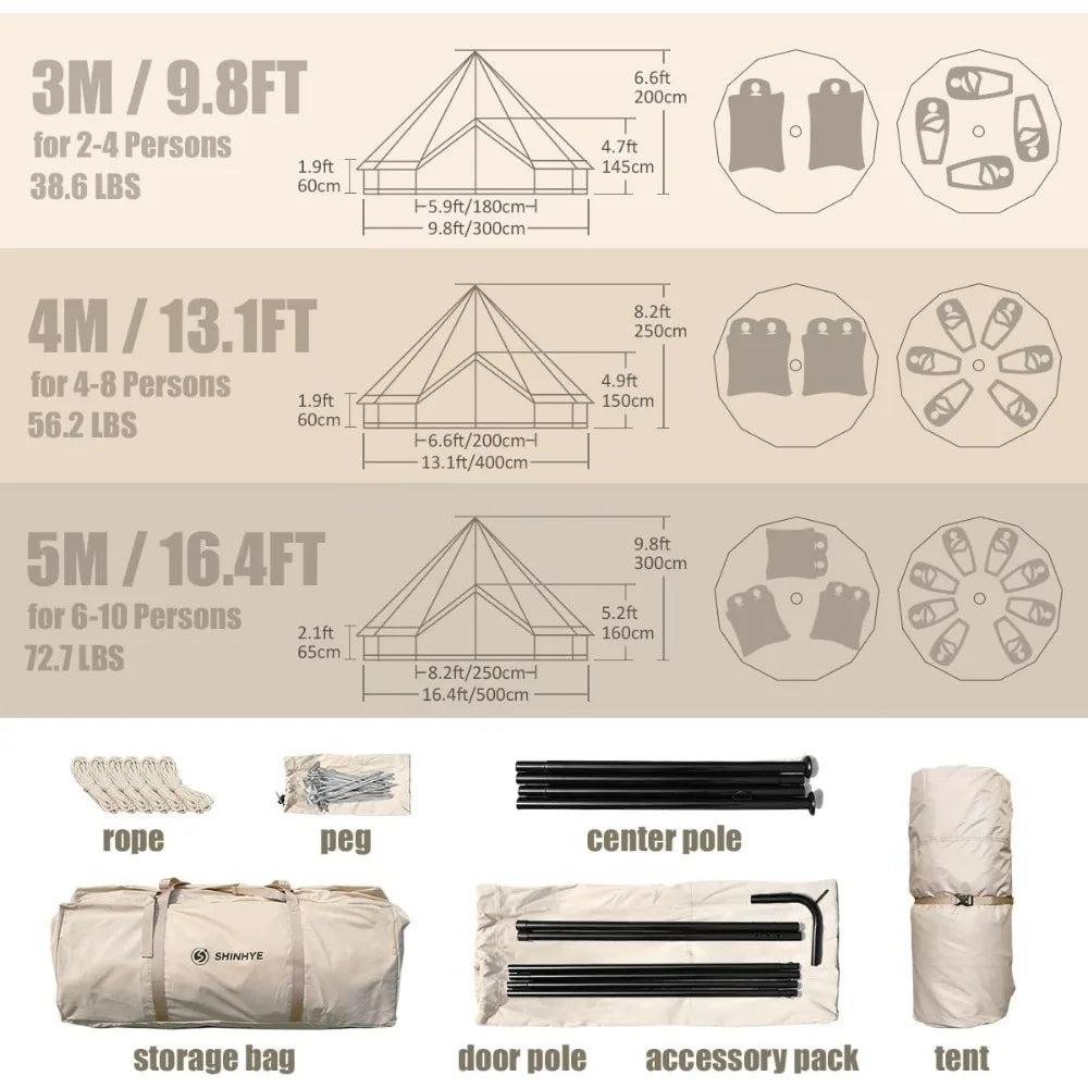 Canvas Tent Bell, 4 Seasons Yurt Tents for Camping 3M/4M/5M Canvas Tents with Stove Jacks Tent