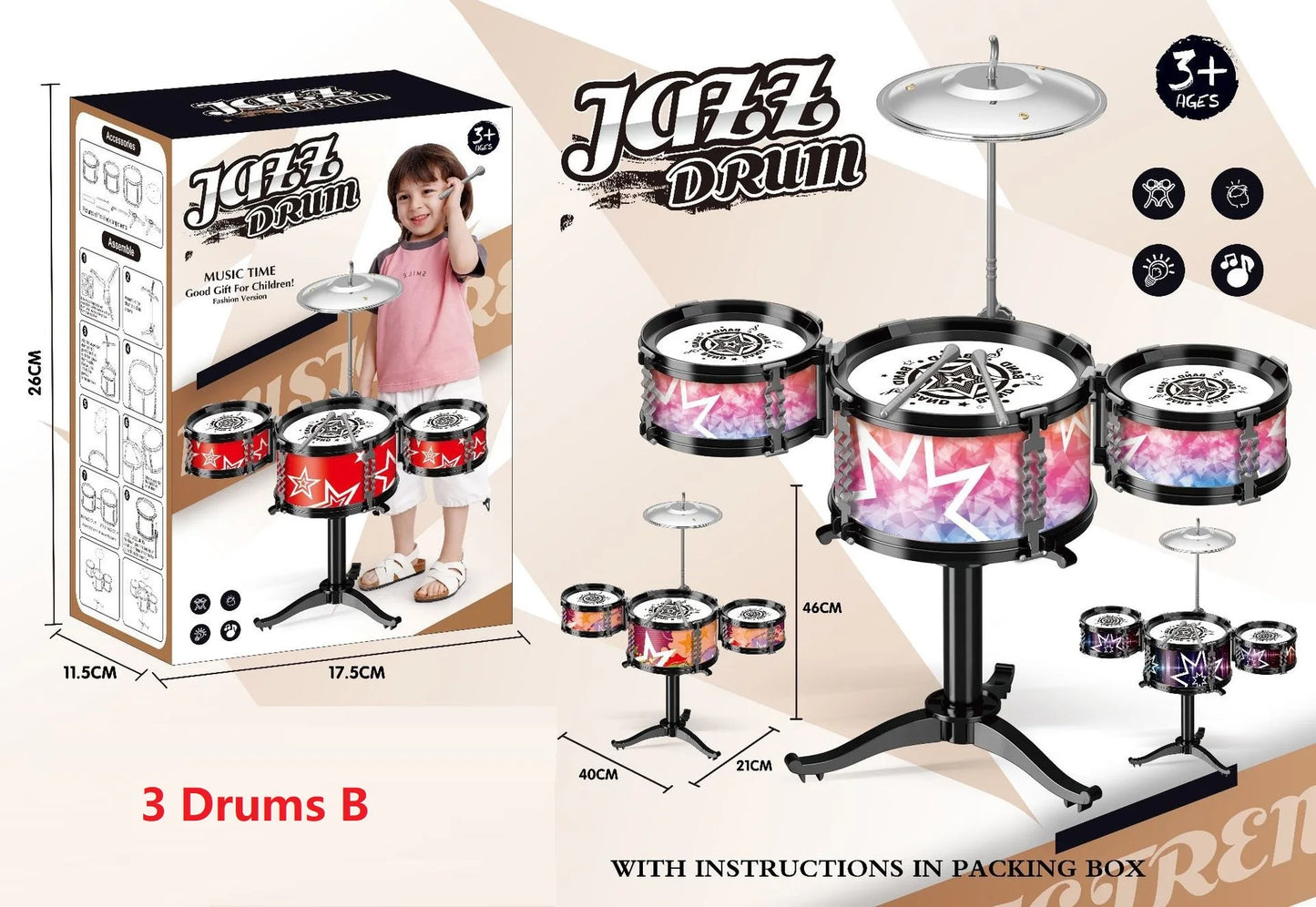 Children's Jazz Drum Set 3 drums/5 small stools Drum Stick Set Children's Music Development Intelligence Education Toy Gifts