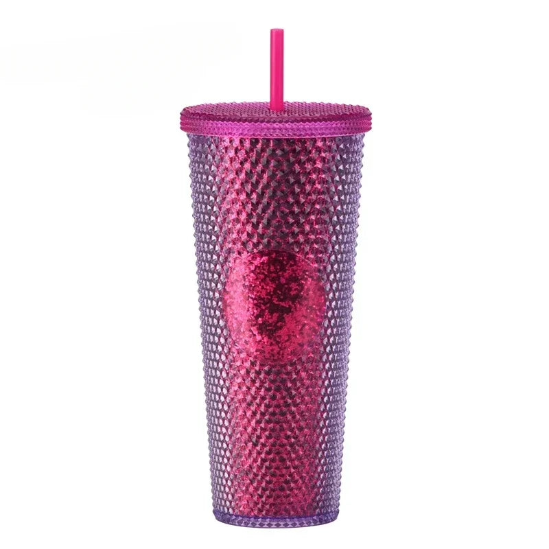 710ml Straw Cup with Lid Studded Finish Double Wall Coffee Mugs Plastic Studded Durian Tumblers Cold Bling Cup Customized