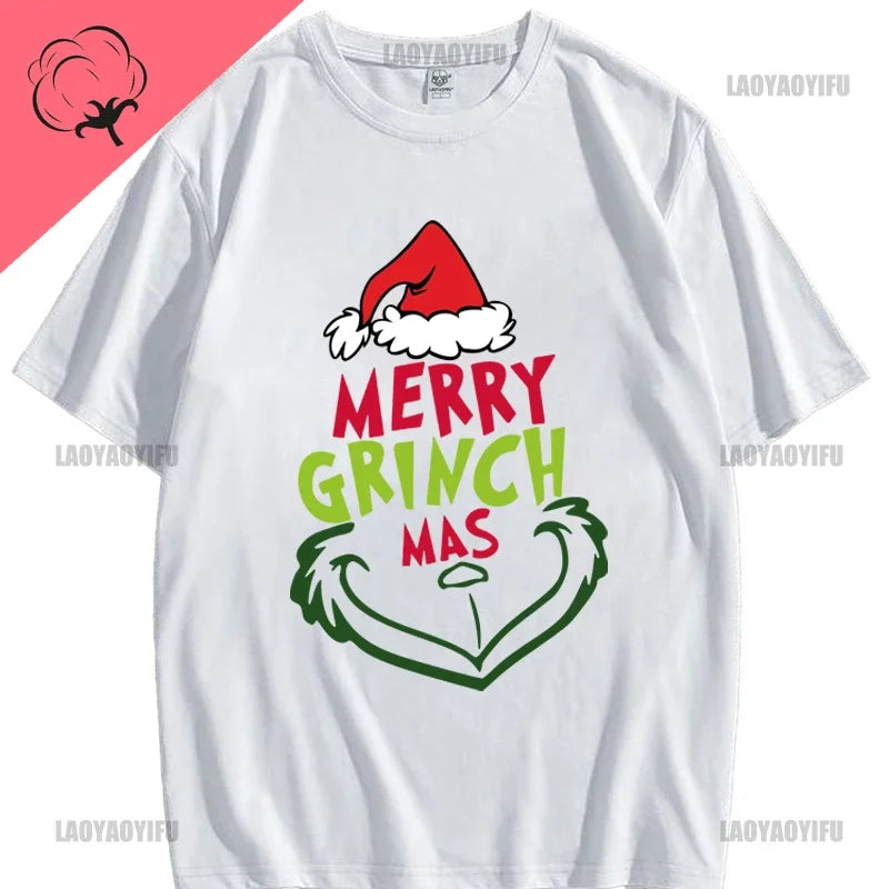 Christmas New Year Men's Shirt Casual O-neck Short Sleeve Tops Hip Hop Trend Harajuku Streetwear Fashion Cotton Grinch