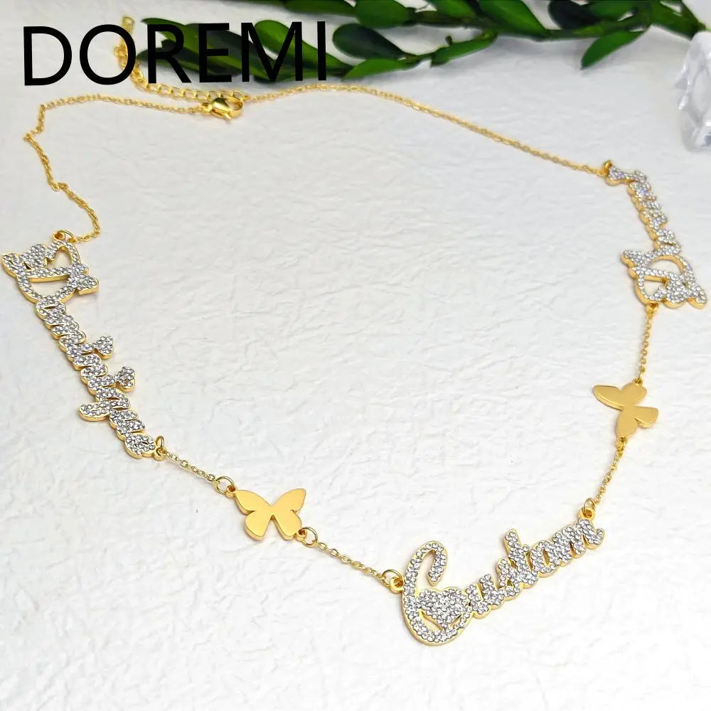 DOREMI Custom Name Personalized Butterfly Charm Necklace Jewelry Personalised Stainless Steel Multi Names Customm Necklace