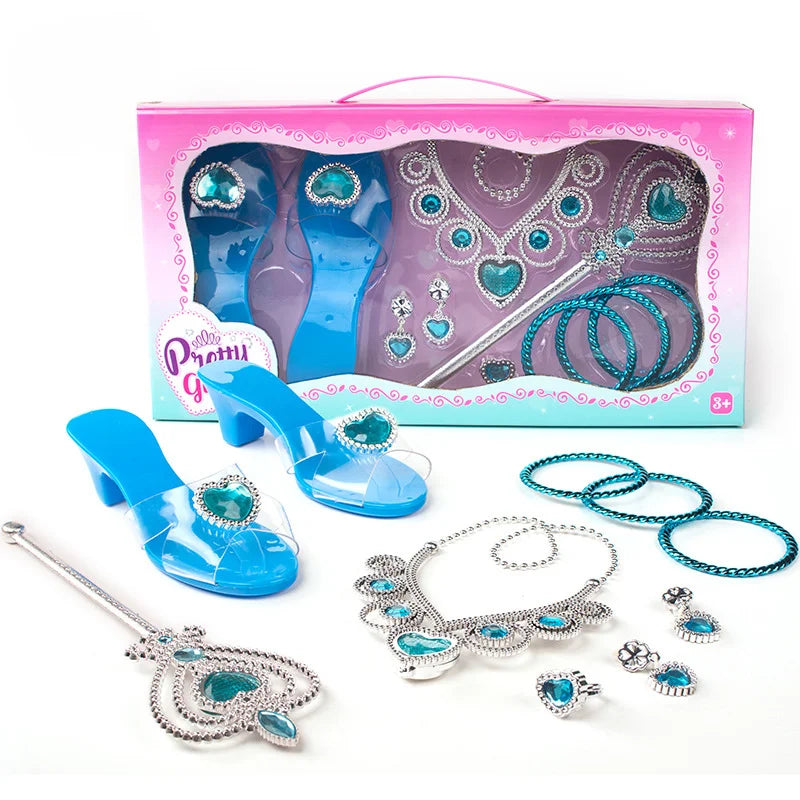 Girls Jewelry Toys Set Crystal Shoes Necklace Crown Earrings Bracelet Play Makeup Dress Up Princess Toys for Kids Role Play