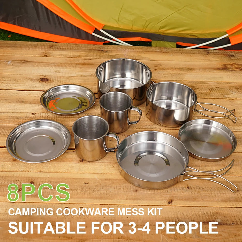 Camping Cookware Mess Kit 8PCS Stainless Steel Cooking Pot and Pan Set with Plates Cups for Outdoor Camping Hiking Backpacking