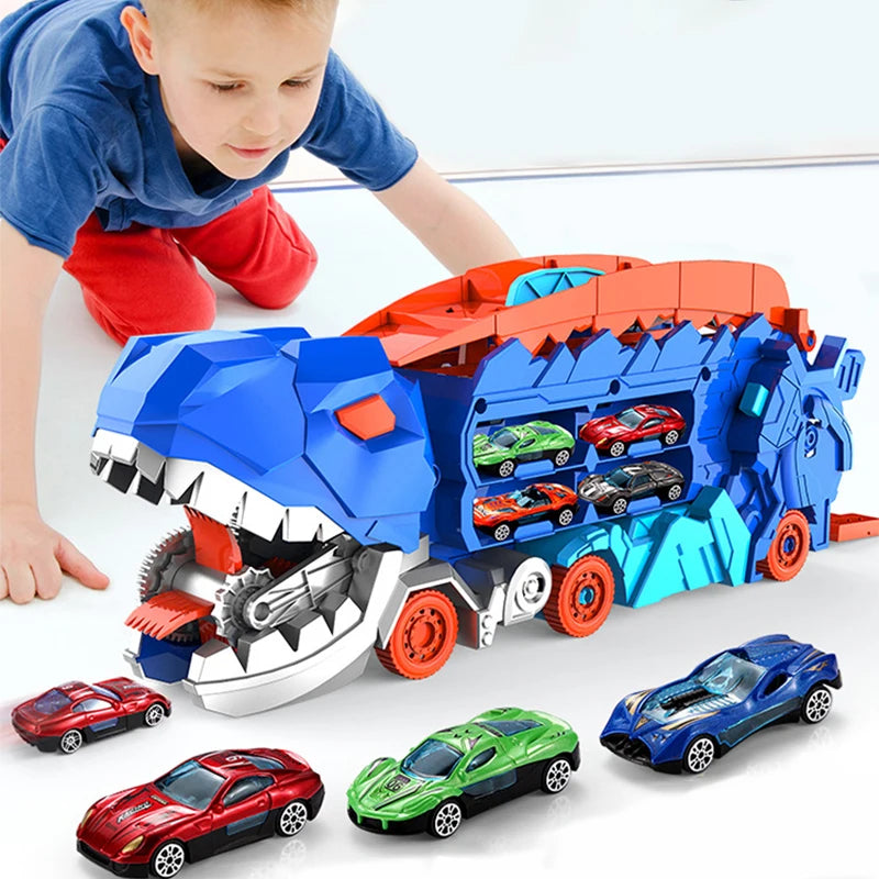 New Product Folding Dinosaur Transporter Car Competitive Game Roll To Eat Car Vehicle Racing Track With Mini Car Kid Gift Toy