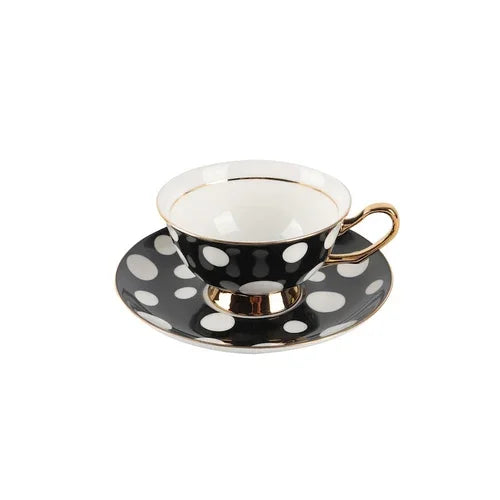 European-style Black and White Polka Dot Gold-Plated Bone China Coffee Cup - 200ml Light Luxury Afternoon Tea Mug, for Coffee