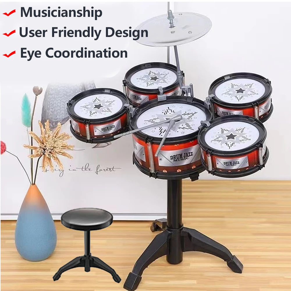 Children's Jazz Drum Set 3 drums/5 small stools Drum Stick Set Children's Music Development Intelligence Education Toy Gifts