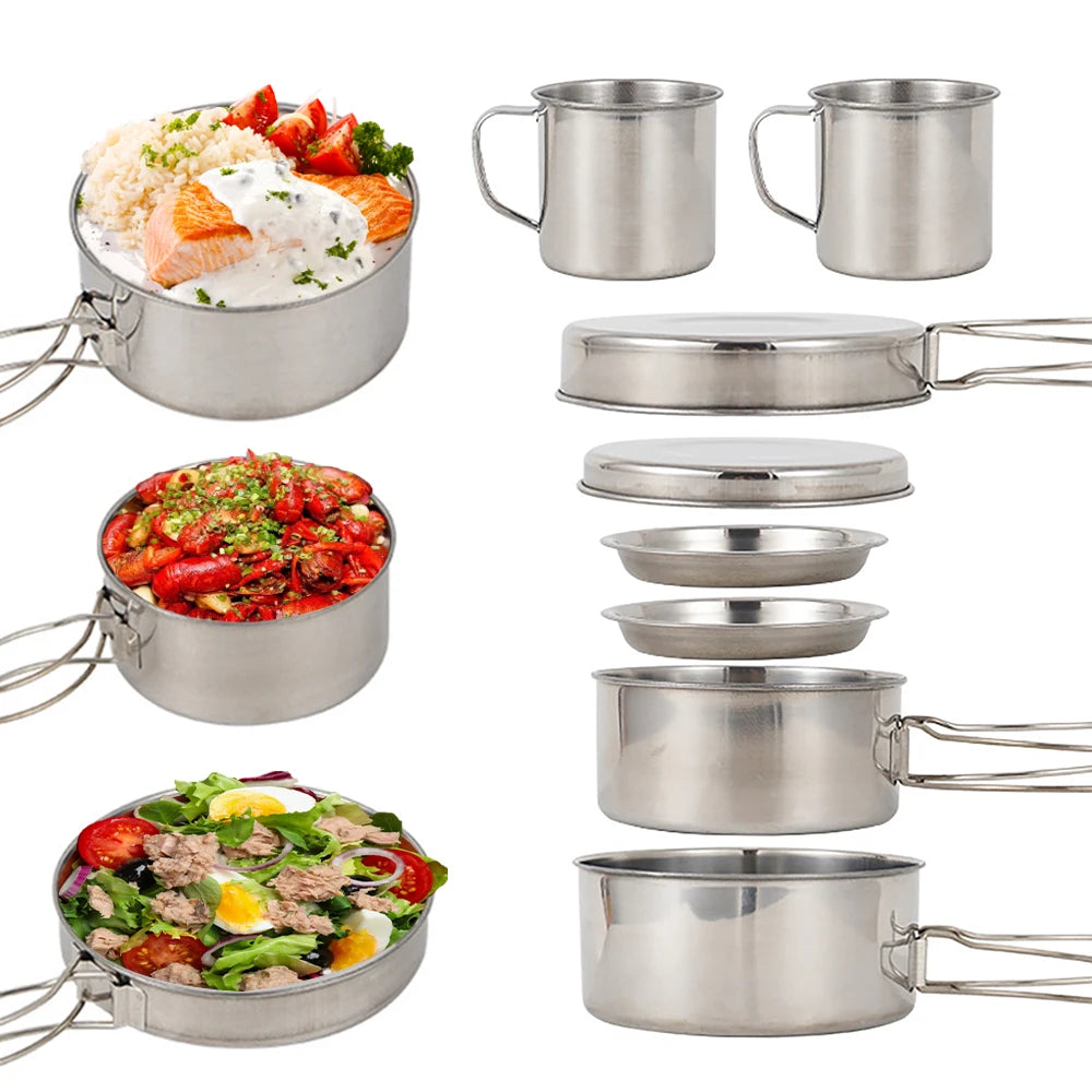 Camping Cookware Mess Kit 8PCS Stainless Steel Cooking Pot and Pan Set with Plates Cups for Outdoor Camping Hiking Backpacking