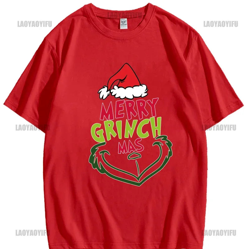 Christmas New Year Men's Shirt Casual O-neck Short Sleeve Tops Hip Hop Trend Harajuku Streetwear Fashion Cotton Grinch