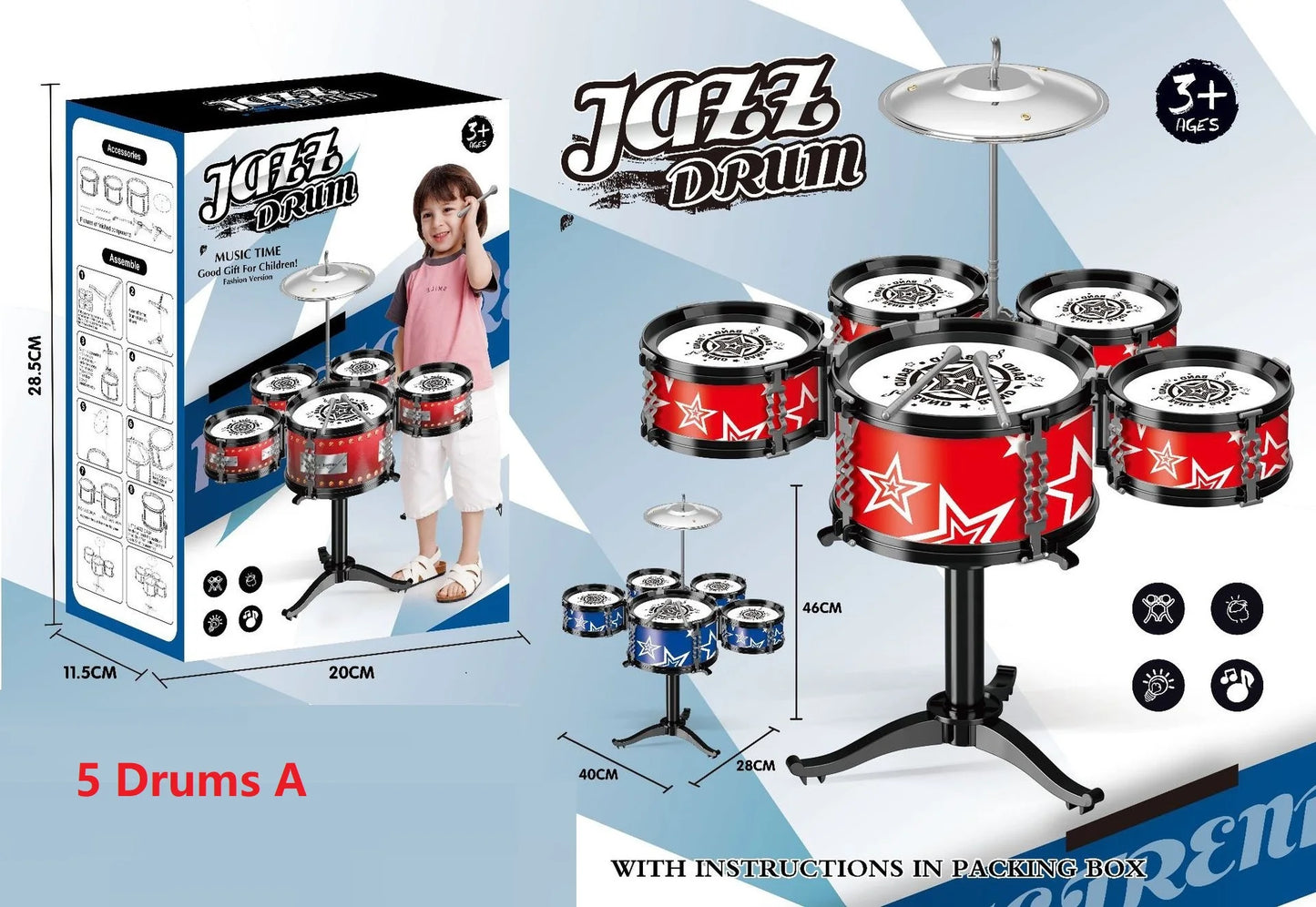 Children's Jazz Drum Set 3 drums/5 small stools Drum Stick Set Children's Music Development Intelligence Education Toy Gifts