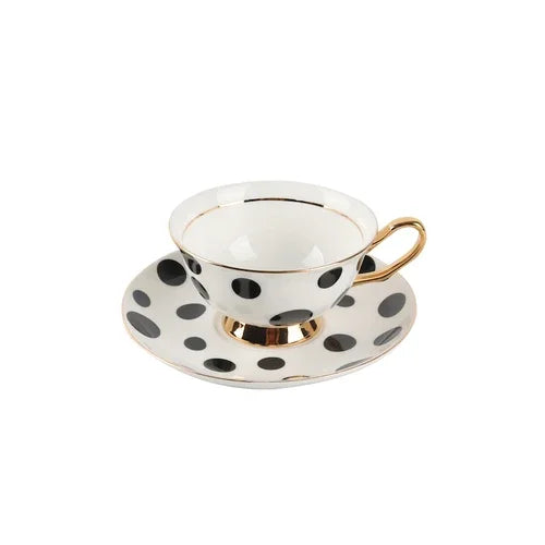 European-style Black and White Polka Dot Gold-Plated Bone China Coffee Cup - 200ml Light Luxury Afternoon Tea Mug, for Coffee