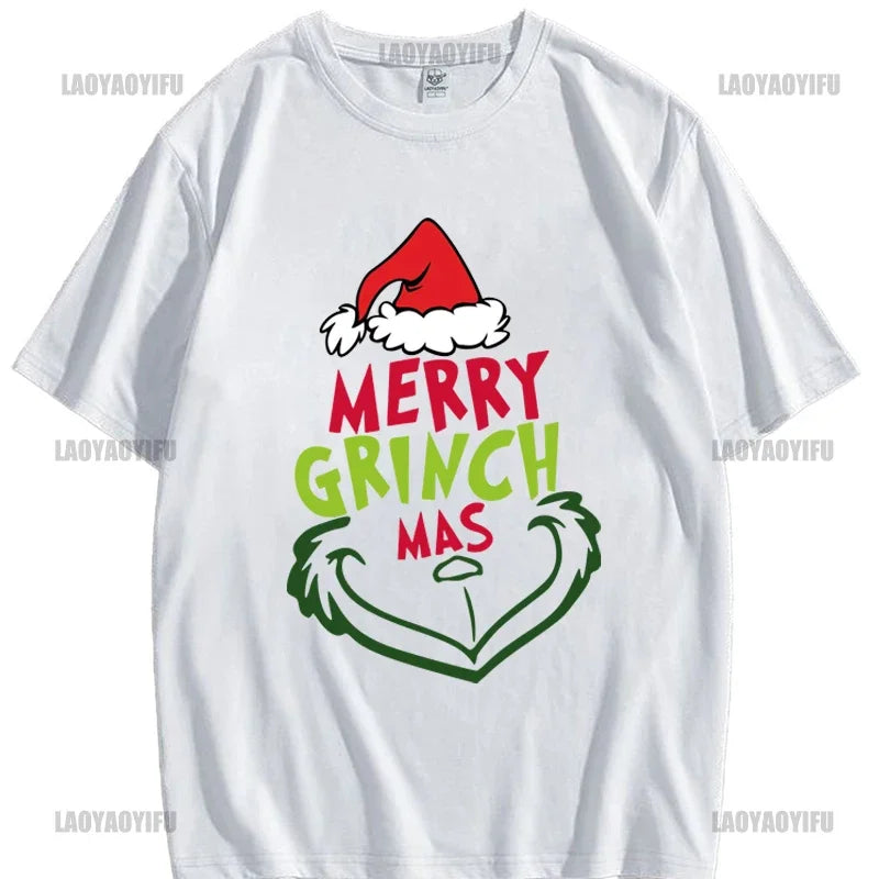 Christmas New Year Men's Shirt Casual O-neck Short Sleeve Tops Hip Hop Trend Harajuku Streetwear Fashion Cotton Grinch