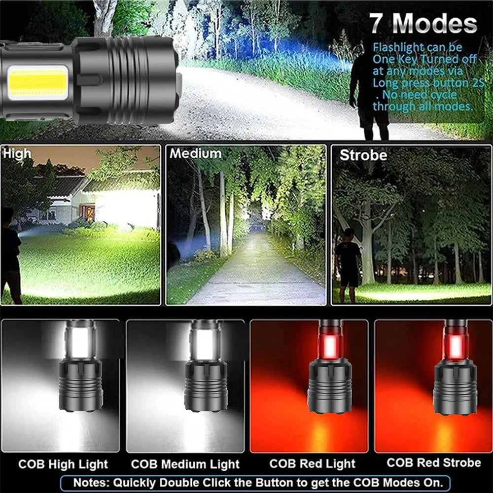 Rechargeable Led Flashlights Super Bright Flashlight 7 Modes with COB Work Light Powerful Handheld Flash Light for Home, Camping