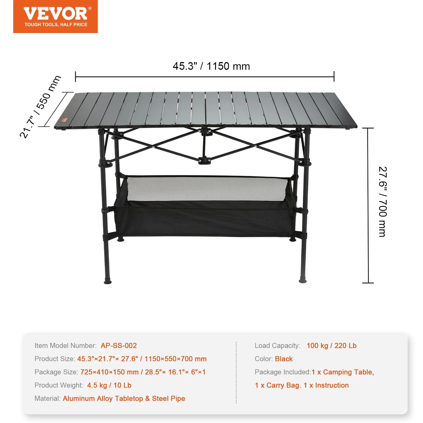 VEVOR 220/66lbs Outdoor Camping Folding Table Picnic Equipment W/Black Storage Bag Aluminum Alloy Chicken Roll Table BBQ Desk