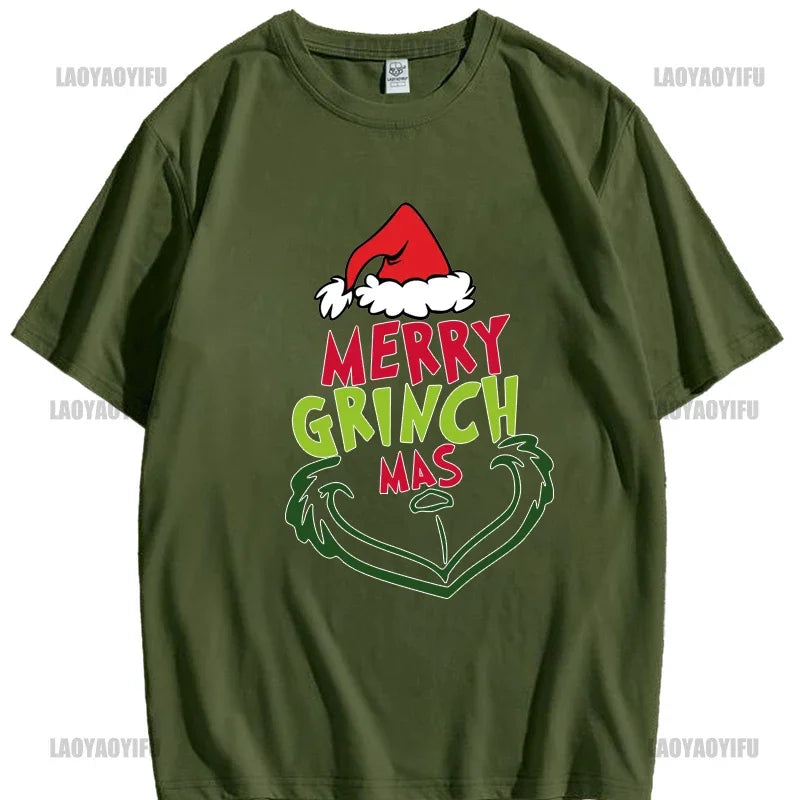 Christmas New Year Men's Shirt Casual O-neck Short Sleeve Tops Hip Hop Trend Harajuku Streetwear Fashion Cotton Grinch