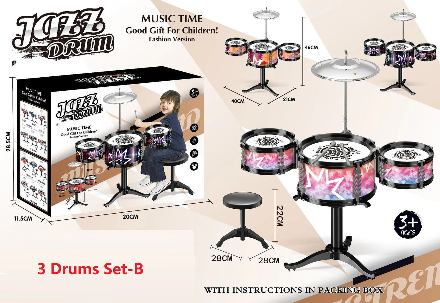 Children's Jazz Drum Set 3 drums/5 small stools Drum Stick Set Children's Music Development Intelligence Education Toy Gifts