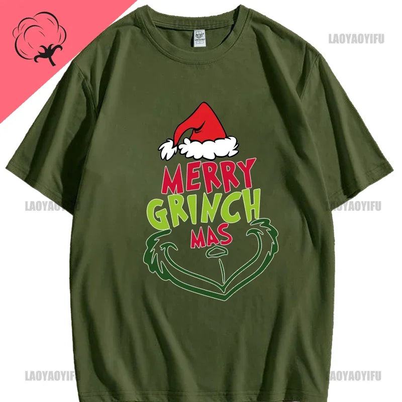 Christmas New Year Men's Shirt Casual O-neck Short Sleeve Tops Hip Hop Trend Harajuku Streetwear Fashion Cotton Grinch